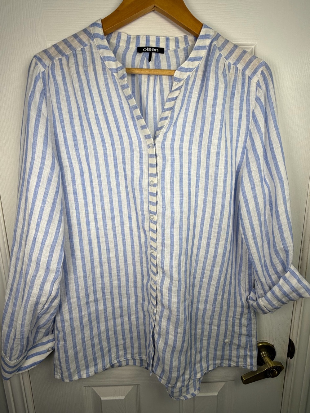 Olsen 100% Linen Blue White Striped Button Down Shirt Women's 8 Coastal Classic